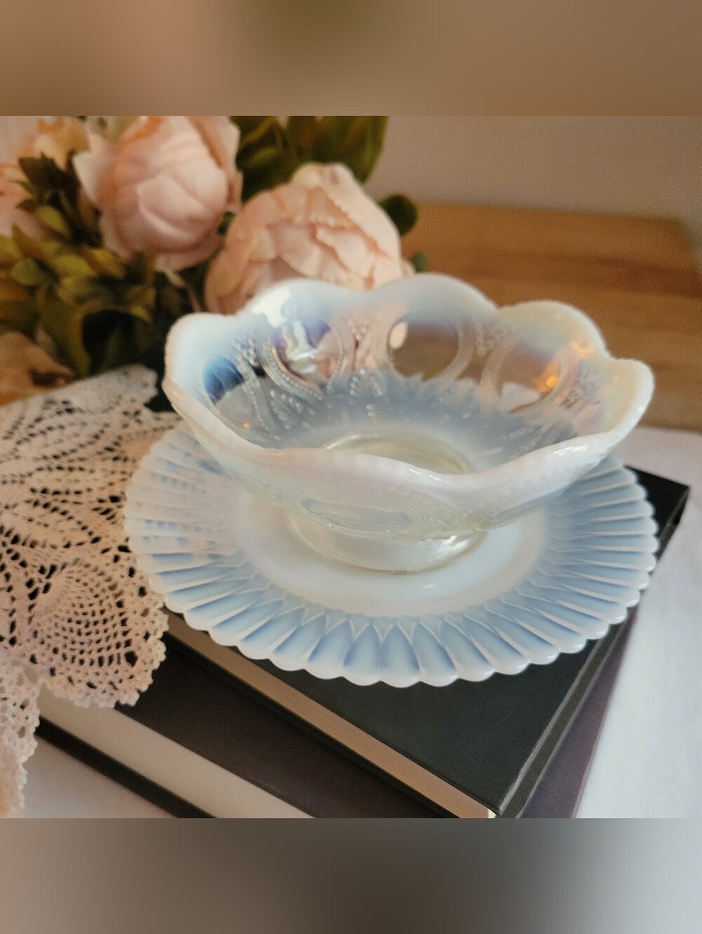 Vintage Opalescent Glass Pedestal Bowl & Plate Paisley Blue Milk Glass Dish Set